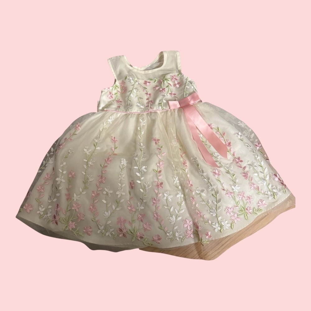 Jona Michelle Girls 2T Ivory Pink Floral Embroidered Tulle Flower Girl Dress